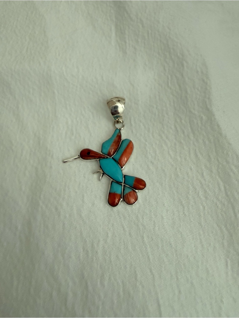 Turquoise & Coral Hummingbird Pendant - Sterling Silver. NWOT